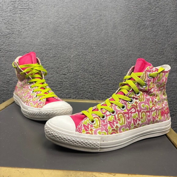 Converse Chuck Taylor All Star High Top Sneakers Pink Green Lettering - Picture 1 of 9